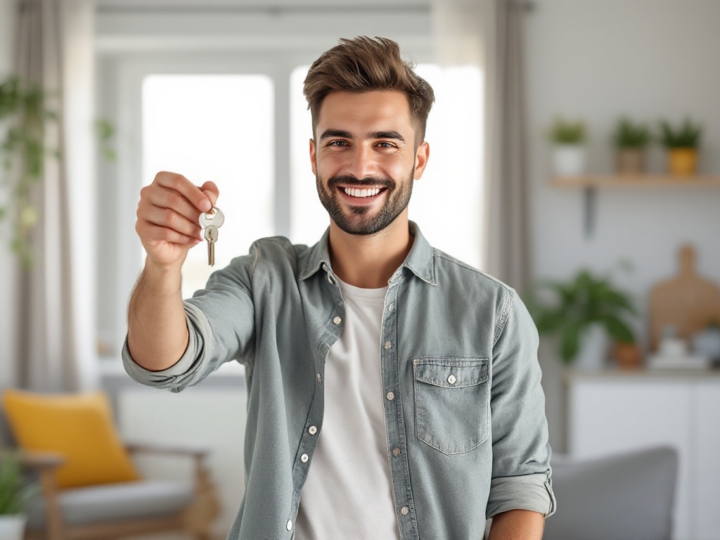 Proprietária satisfeita com as chaves do apartamento