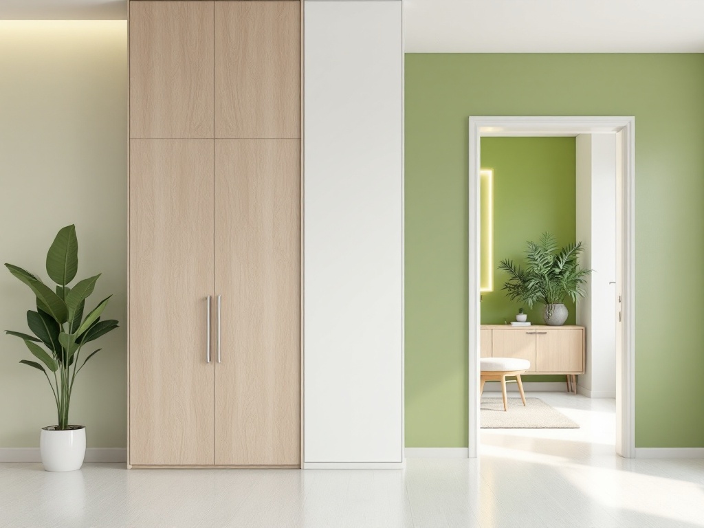 Interior de apartamento minimalista e luminoso com parede verde