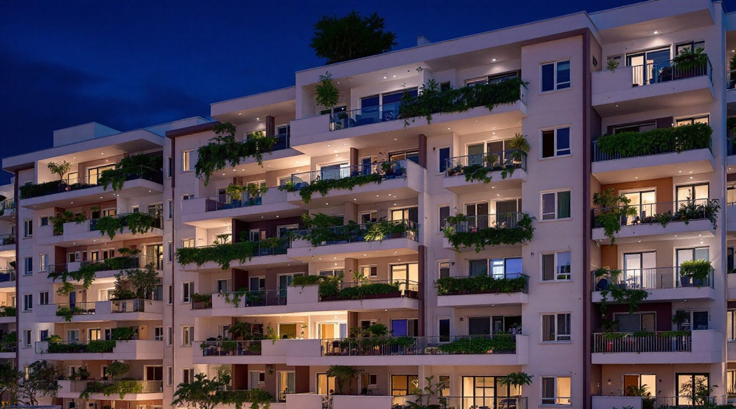 Edifício residencial moderno ao anoitecer com varandas verdes