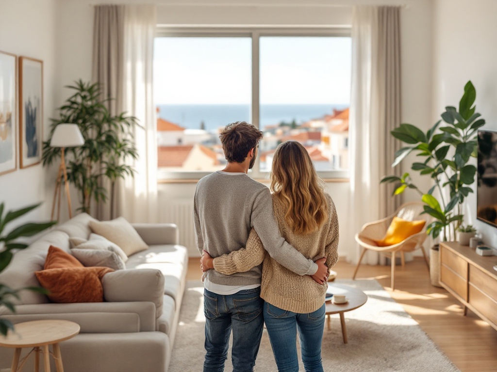 Casal jovem a arrendar um novo apartamento em Portugal